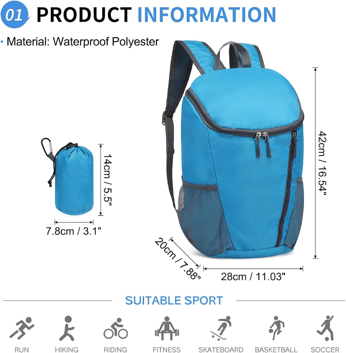 Hiking Backpack, 20L Packable Daypack for Men Women, Nylon with Adjustable Straps, Lightweight Waterproof Outdoor Camping Travel, Black