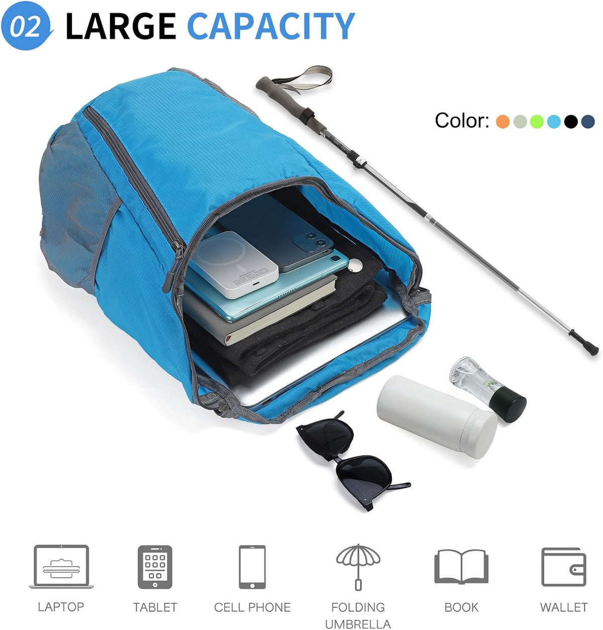 Hiking Backpack, 20L Packable Daypack for Men Women, Nylon with Adjustable Straps, Lightweight Waterproof Outdoor Camping Travel, Black