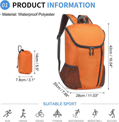 Hiking Backpack, 20L Packable Daypack for Men Women, Nylon with Adjustable Straps, Lightweight Waterproof Outdoor Camping Travel, Black