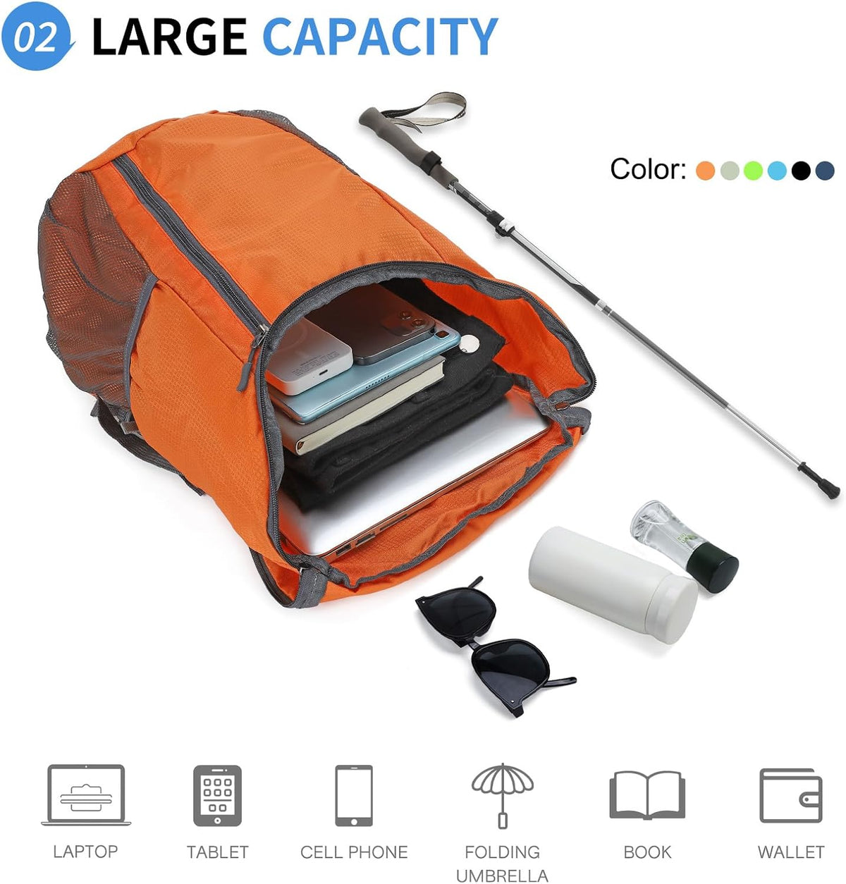 Hiking Backpack, 20L Packable Daypack for Men Women, Nylon with Adjustable Straps, Lightweight Waterproof Outdoor Camping Travel, Black