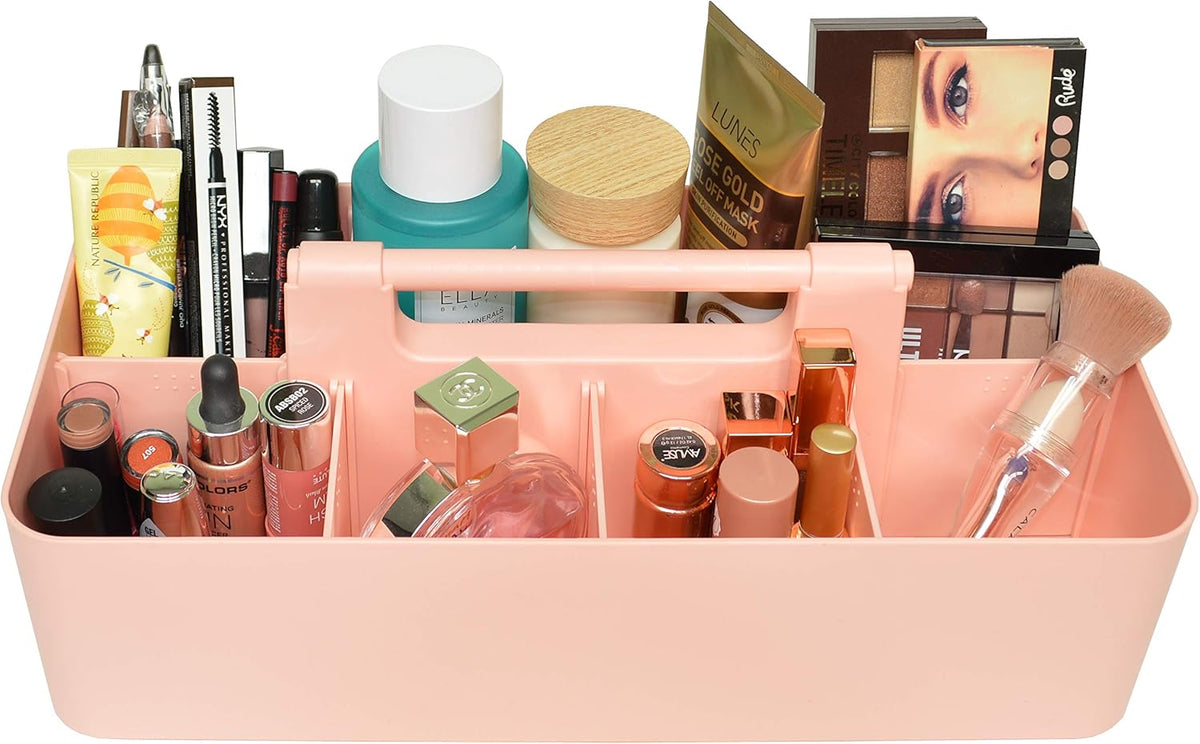 New Plastic Portable Makeup Organizer Caddy Tote Divided Basket Bin with Handle, for Bathroom Storage - Holds Blush Makeup Brushes, Eyeshadow Palette, Lipstick - Extra Large Made In USA (Black)