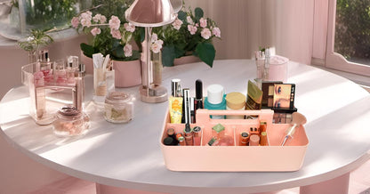 New Plastic Portable Makeup Organizer Caddy Tote Divided Basket Bin with Handle, for Bathroom Storage - Holds Blush Makeup Brushes, Eyeshadow Palette, Lipstick - Extra Large Made In USA (Black)