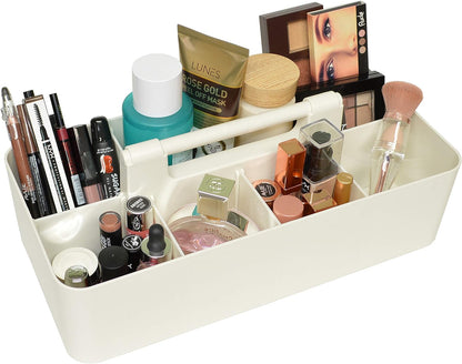 New Plastic Portable Makeup Organizer Caddy Tote Divided Basket Bin with Handle, for Bathroom Storage - Holds Blush Makeup Brushes, Eyeshadow Palette, Lipstick - Extra Large Made In USA (Black)