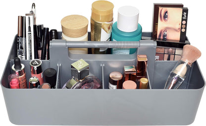New Plastic Portable Makeup Organizer Caddy Tote Divided Basket Bin with Handle, for Bathroom Storage - Holds Blush Makeup Brushes, Eyeshadow Palette, Lipstick - Extra Large Made In USA (Black)