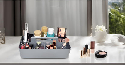 New Plastic Portable Makeup Organizer Caddy Tote Divided Basket Bin with Handle, for Bathroom Storage - Holds Blush Makeup Brushes, Eyeshadow Palette, Lipstick - Extra Large Made In USA (Black)
