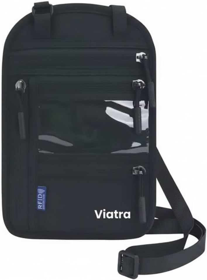 Neck Travel Wallet with RFID Blocking, Passport Holder, Slim, Lightweight, 5 Pockets, Easy to Conceal (Black)
