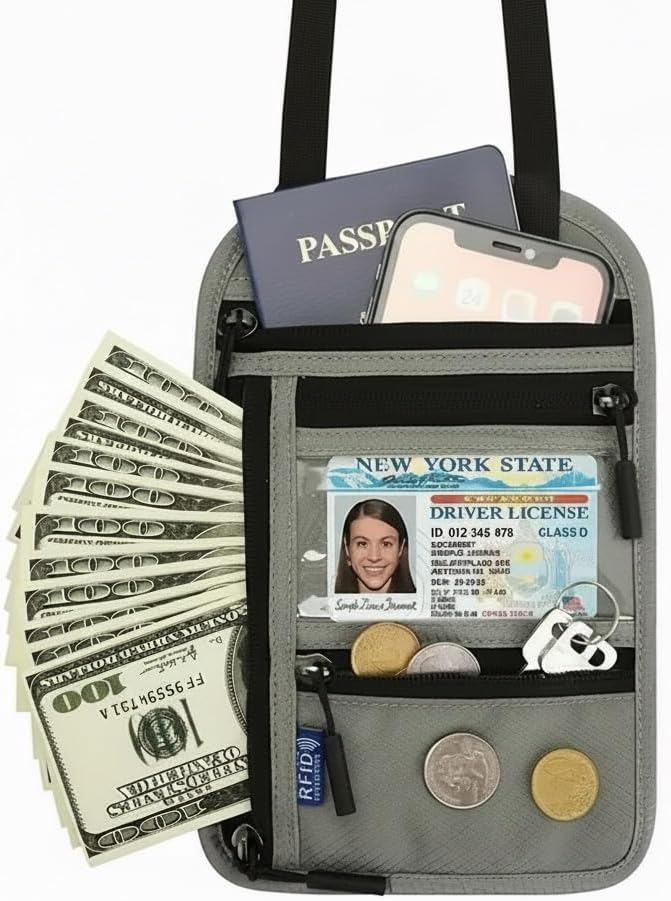 Neck Travel Wallet with RFID Blocking, Passport Holder, Slim, Lightweight, 5 Pockets, Easy to Conceal (Black)