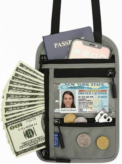 Neck Travel Wallet with RFID Blocking, Passport Holder, Slim, Lightweight, 5 Pockets, Easy to Conceal (Black)