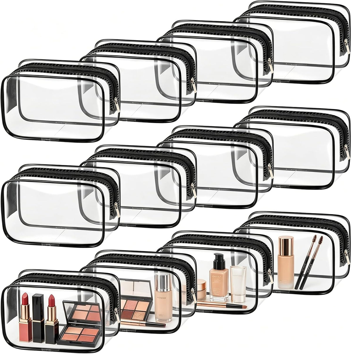 12 Pack Clear Makeup Bags, TSA Approved Toiletry Bags, Waterproof PVC Cosmetic Pouches with Sturdy Zippers, Travel Organizer Cases for Vacation Bathroom & Carry-On(Medium)