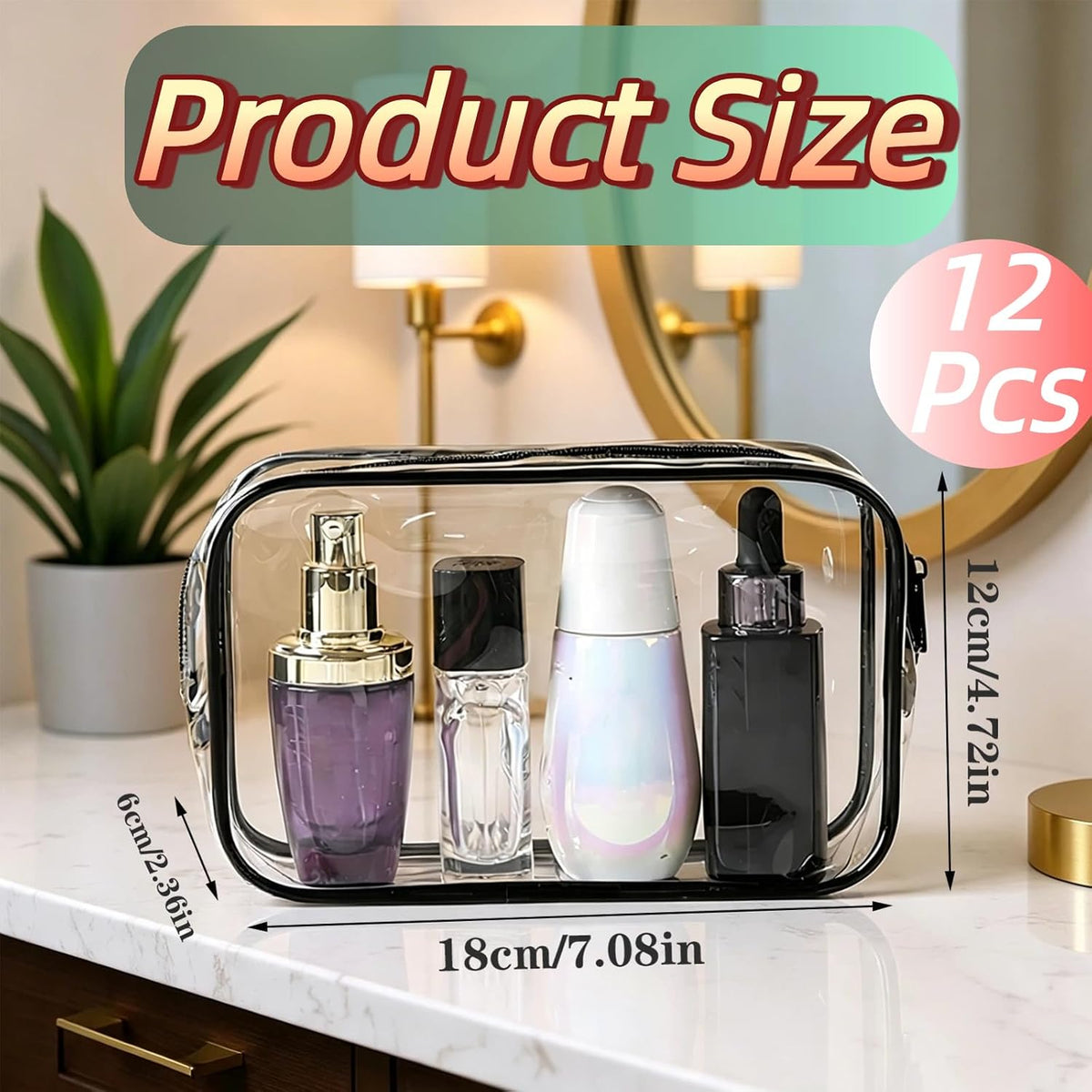 12 Pack Clear Makeup Bags, TSA Approved Toiletry Bags, Waterproof PVC Cosmetic Pouches with Sturdy Zippers, Travel Organizer Cases for Vacation Bathroom & Carry-On(Medium)