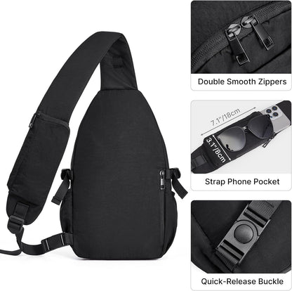 RFID Blocking Sling Bag for Men Women, Crossbody Bags Hiking Travel | Lightweight Water-repellent Nylon Sling Bag, Strap Phone Holder, Quick-release Buckle, Dark Green