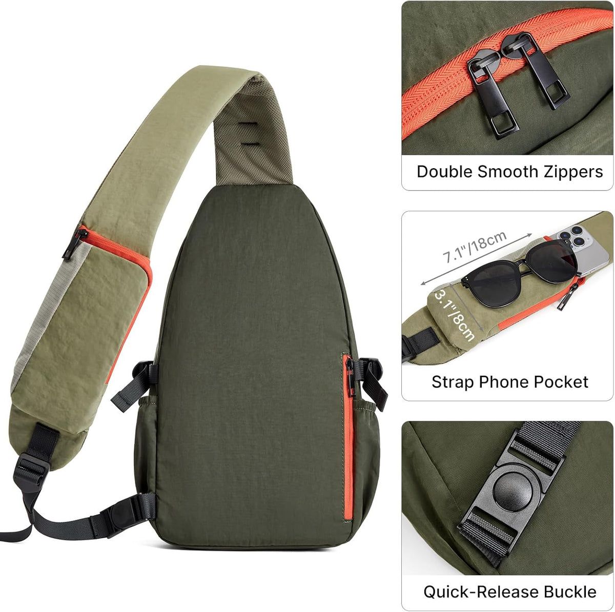 RFID Blocking Sling Bag for Men Women, Crossbody Bags Hiking Travel | Lightweight Water-repellent Nylon Sling Bag, Strap Phone Holder, Quick-release Buckle, Dark Green