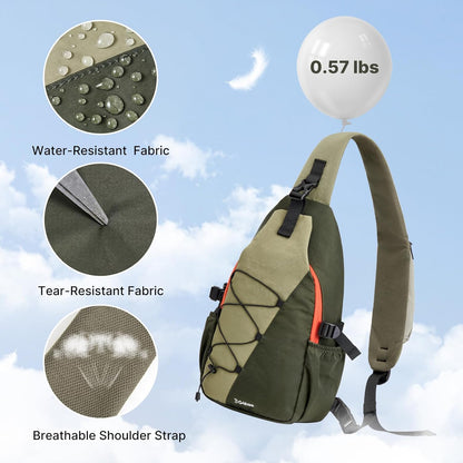 RFID Blocking Sling Bag for Men Women, Crossbody Bags Hiking Travel | Lightweight Water-repellent Nylon Sling Bag, Strap Phone Holder, Quick-release Buckle, Dark Green