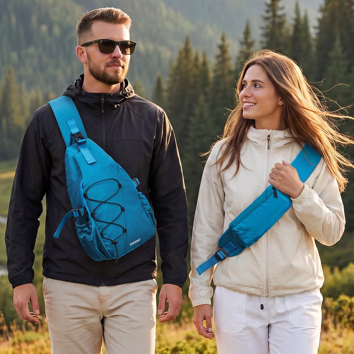 RFID Blocking Sling Bag for Men Women, Crossbody Bags Hiking Travel | Lightweight Water-repellent Nylon Sling Bag, Strap Phone Holder, Quick-release Buckle, Dark Green