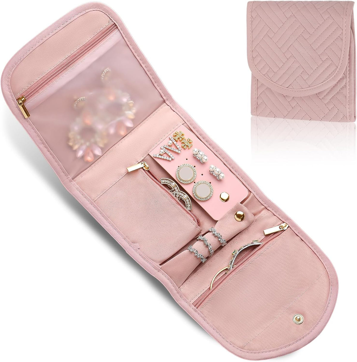 Travel Jewelry Organizer Roll – Foldable Jewelry Storage Bag for Rings, Necklaces, Earrings & Bracelets, Portable Mini Soft Pink Travel Jewelry Case for Women