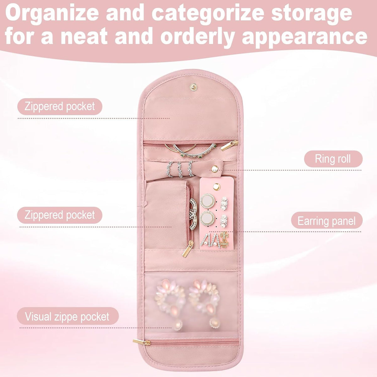 Travel Jewelry Organizer Roll – Foldable Jewelry Storage Bag for Rings, Necklaces, Earrings & Bracelets, Portable Mini Soft Pink Travel Jewelry Case for Women