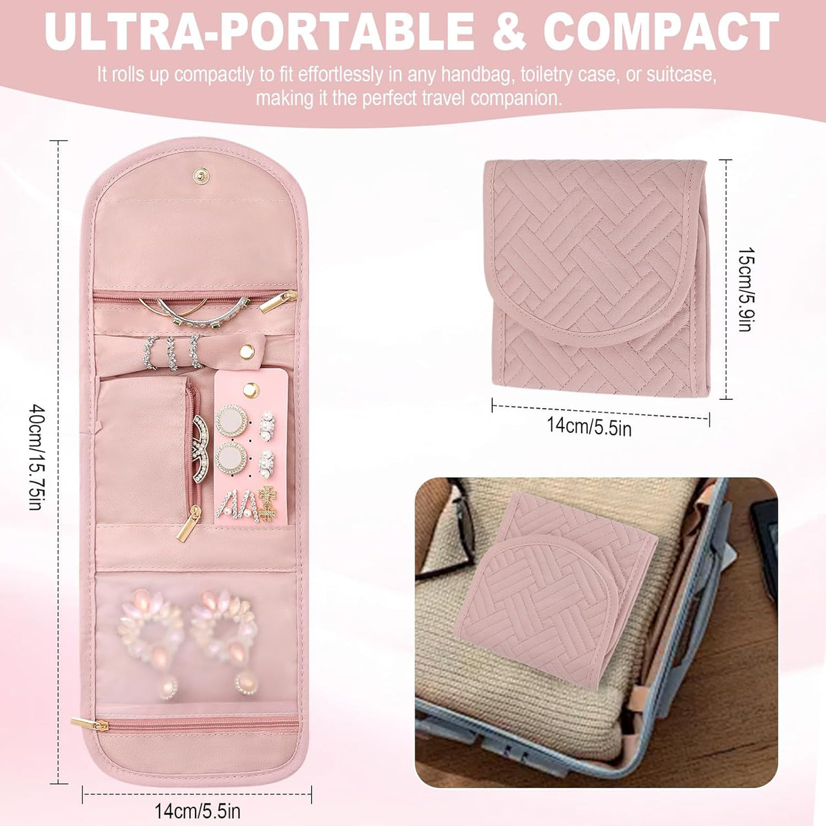 Travel Jewelry Organizer Roll – Foldable Jewelry Storage Bag for Rings, Necklaces, Earrings & Bracelets, Portable Mini Soft Pink Travel Jewelry Case for Women