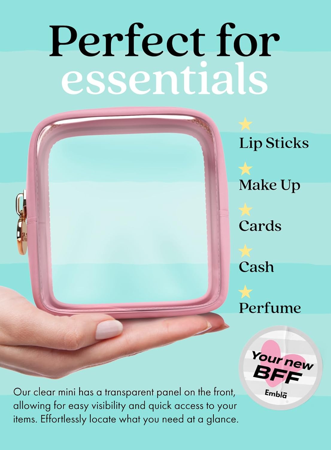 Makeup Bag for Women, Travel Cosmetic Organizer, Waterproof Toiletry Pouch | 2-Sided Clear Small Nylon/PVC Cosmetic Bag with Zipper, Waterproof Beauty Pouch for Purse, Travel Essentials, Make up Case
