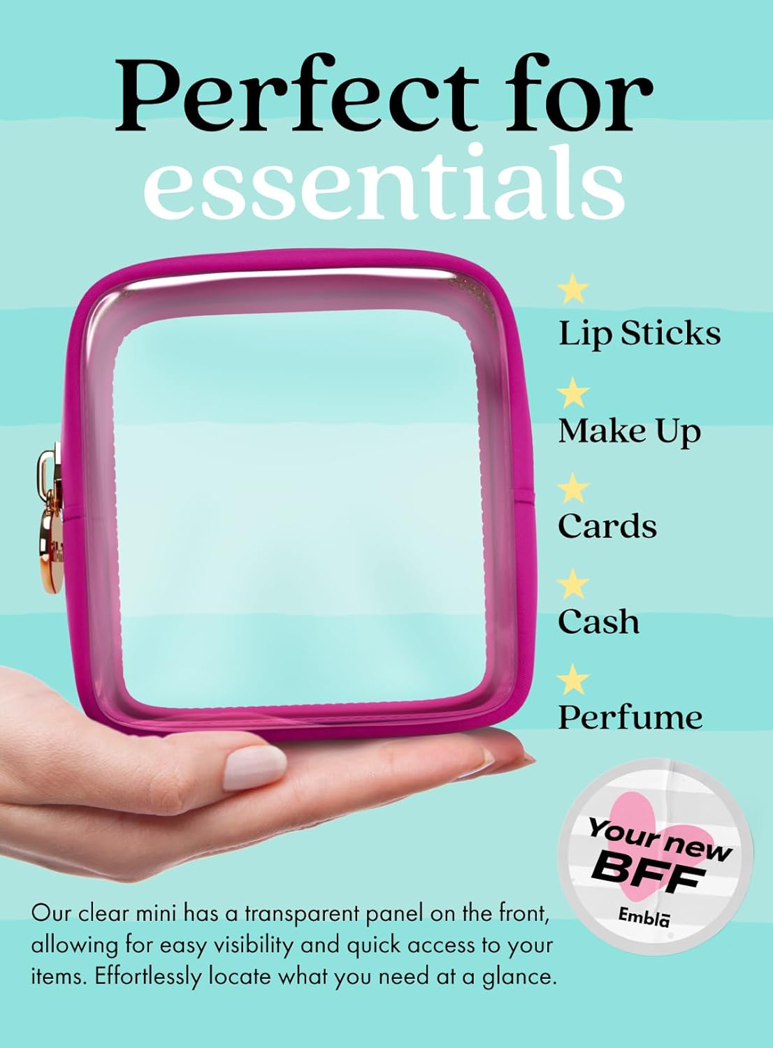 Makeup Bag for Women, Travel Cosmetic Organizer, Waterproof Toiletry Pouch | 2-Sided Clear Small Nylon/PVC Cosmetic Bag with Zipper, Waterproof Beauty Pouch for Purse, Travel Essentials, Make up Case