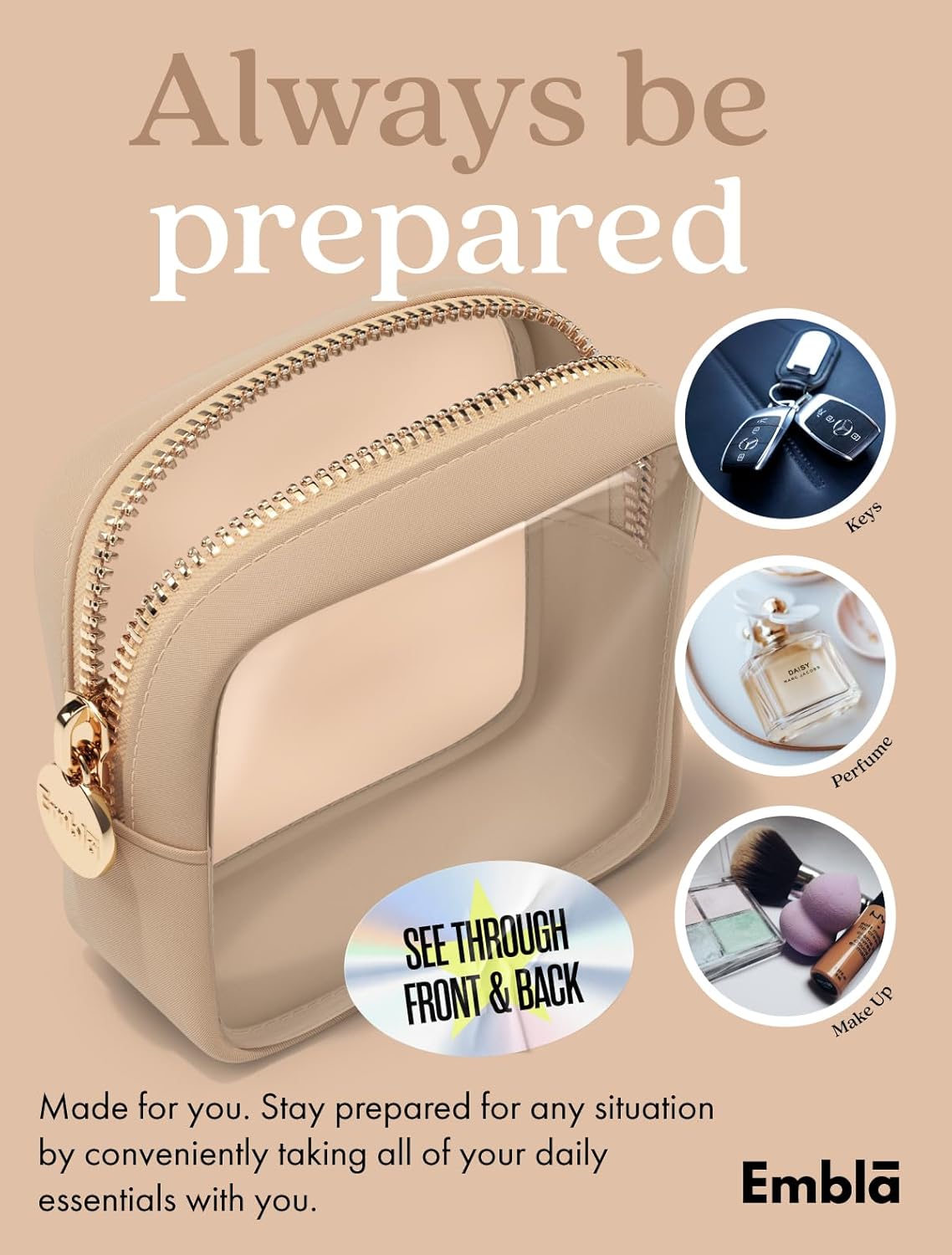 Makeup Bag for Women, Travel Cosmetic Organizer, Waterproof Toiletry Pouch | 2-Sided Clear Small Nylon/PVC Cosmetic Bag with Zipper, Waterproof Beauty Pouch for Purse, Travel Essentials, Make up Case