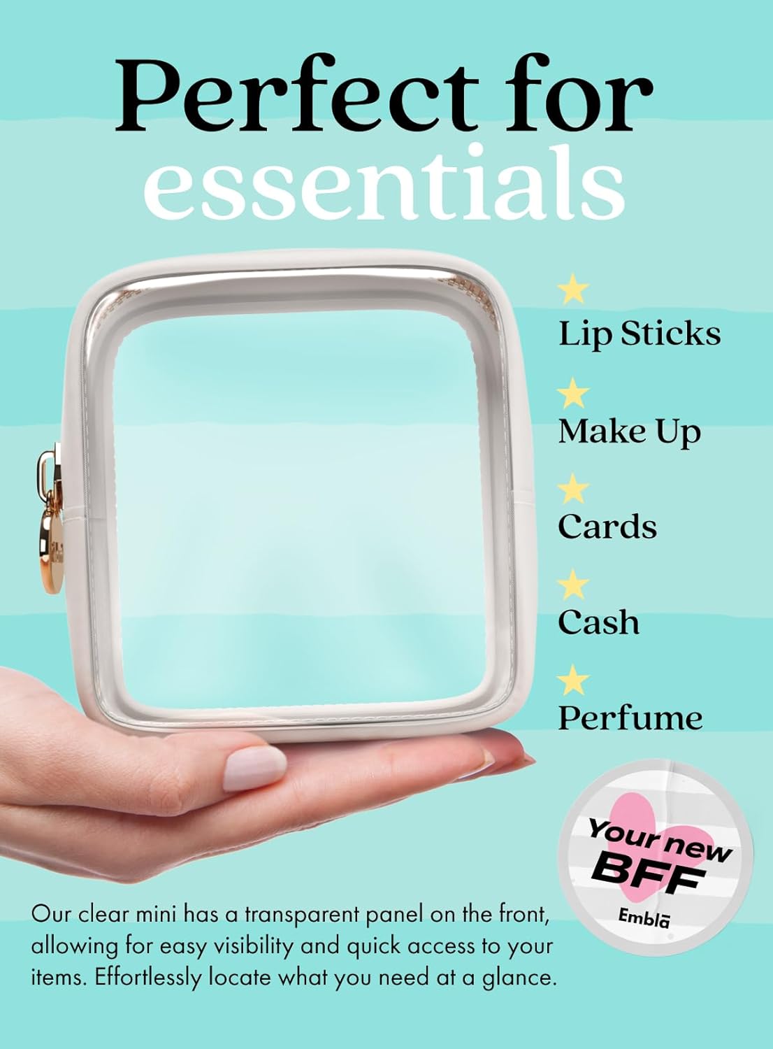 Makeup Bag for Women, Travel Cosmetic Organizer, Waterproof Toiletry Pouch | 2-Sided Clear Small Nylon/PVC Cosmetic Bag with Zipper, Waterproof Beauty Pouch for Purse, Travel Essentials, Make up Case
