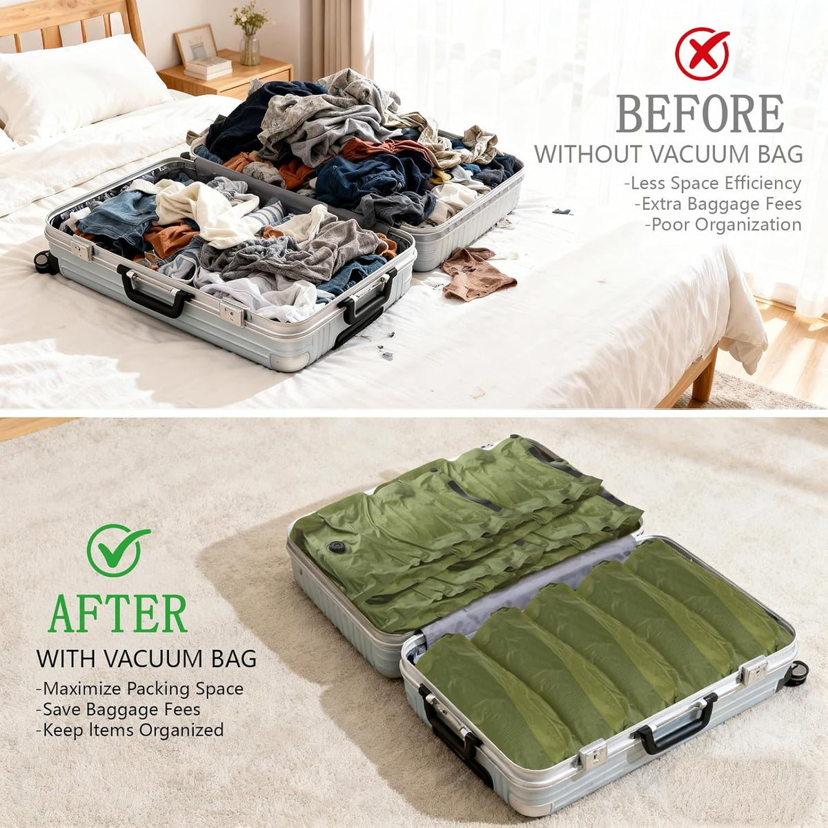 2-Pack Reusable Fabric Vacuum Seal Bags for Clothing Travel - Medium Travel Essentials with Manual Pump, Tear-Resistant Oxford Cloth for Luggage, Closet & Packing Organization (Gery-2M)