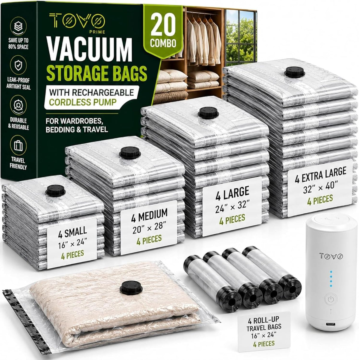 Compression Packing Bags with Rechargeable Air Pump, 20 Pack Combo Size Vaccum Bags for Luggage and Suitcase, Space Saver Vacuum Storage Bags for Clothes, Bedding, Blankets and Moving
