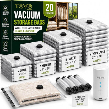 Compression Packing Bags with Rechargeable Air Pump, 20 Pack Combo Size Vaccum Bags for Luggage and Suitcase, Space Saver Vacuum Storage Bags for Clothes, Bedding, Blankets and Moving