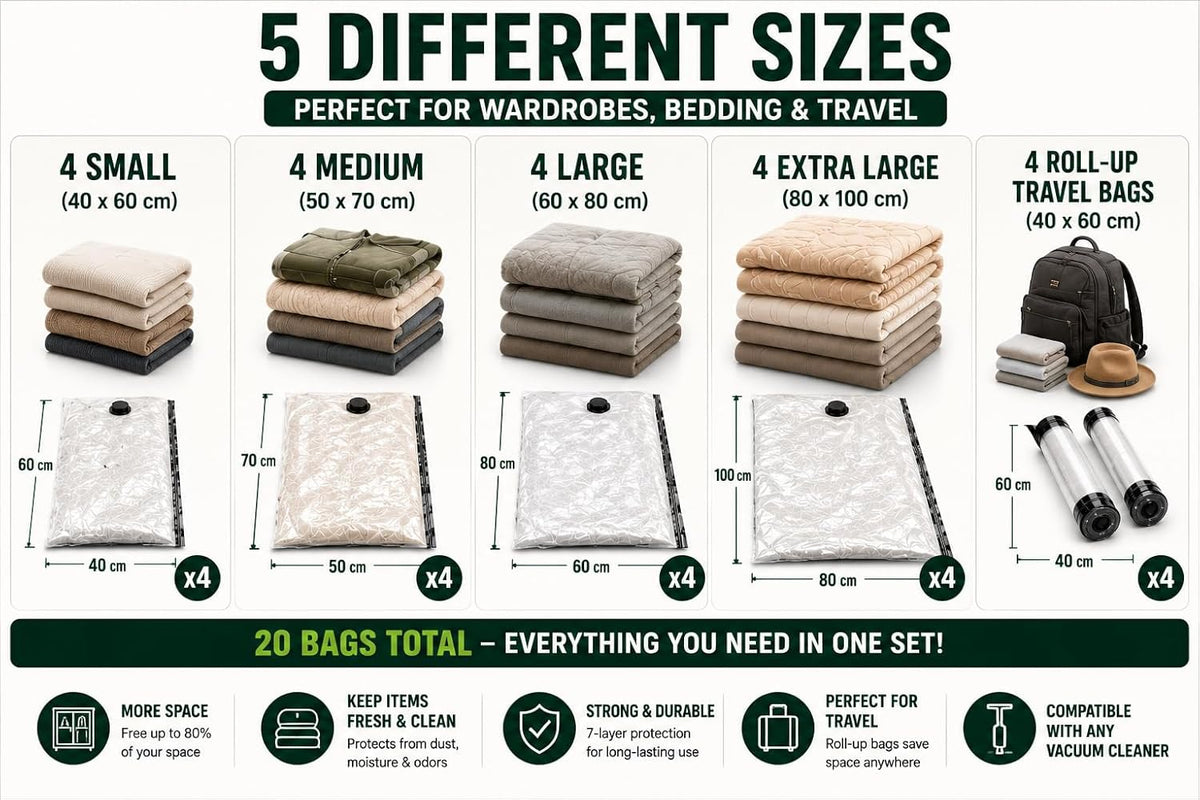 Compression Packing Bags with Rechargeable Air Pump, 20 Pack Combo Size Vaccum Bags for Luggage and Suitcase, Space Saver Vacuum Storage Bags for Clothes, Bedding, Blankets and Moving