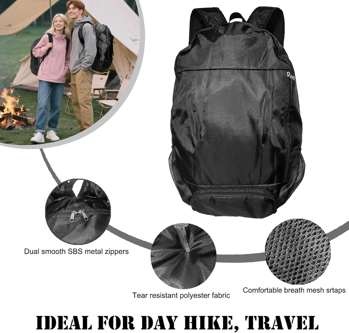 Ultra Lightweight Hiking Backpack 30L, Travel Packable Daypack Foldable Small Backpacks for Women Men(Black)