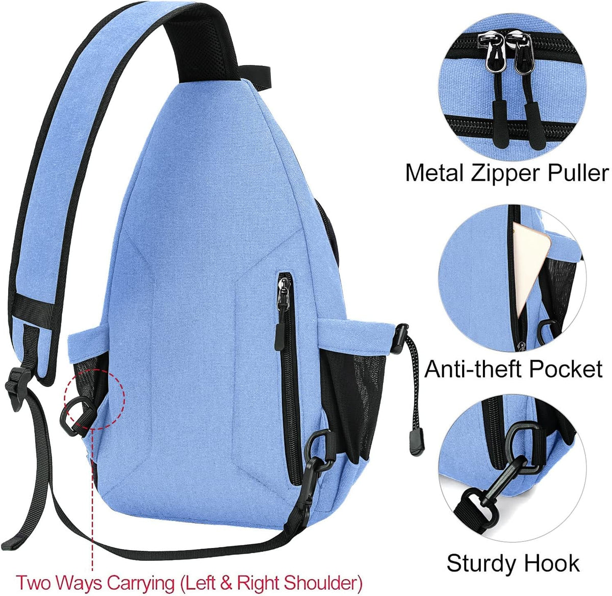 Sling Backpack,Canvas Crossbody Hiking Daypack Bag with Anti-theft Pocket, Space Gray