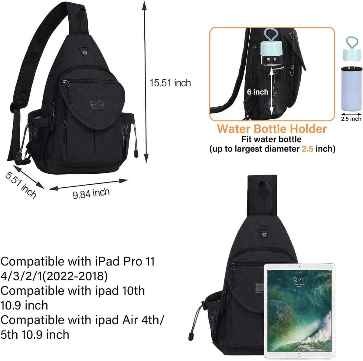 Sling Backpack,Canvas Crossbody Hiking Daypack Bag with Anti-theft Pocket, Space Gray