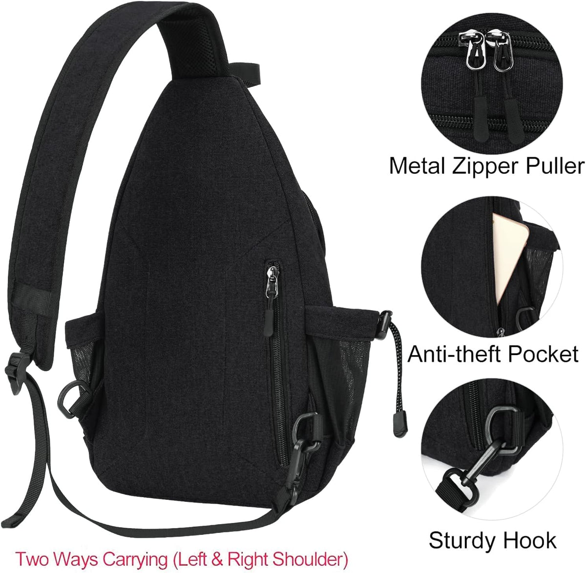 Sling Backpack,Canvas Crossbody Hiking Daypack Bag with Anti-theft Pocket, Space Gray