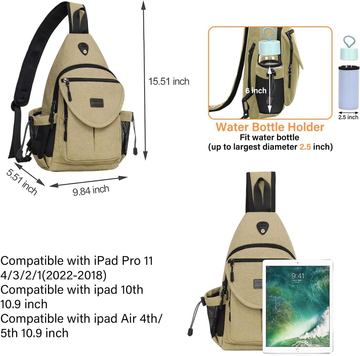 Sling Backpack,Canvas Crossbody Hiking Daypack Bag with Anti-theft Pocket, Space Gray