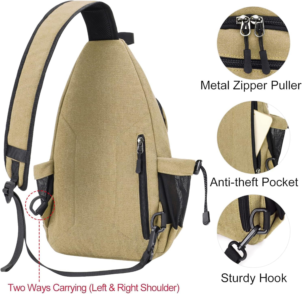 Sling Backpack,Canvas Crossbody Hiking Daypack Bag with Anti-theft Pocket, Space Gray