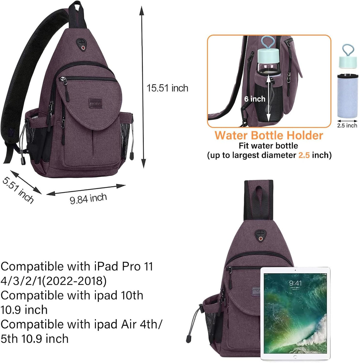 Sling Backpack,Canvas Crossbody Hiking Daypack Bag with Anti-theft Pocket, Space Gray