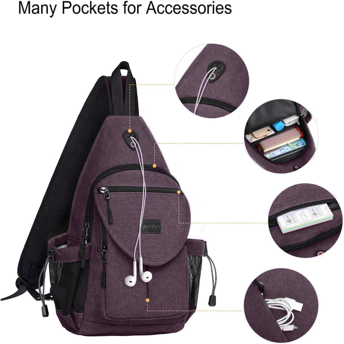 Sling Backpack,Canvas Crossbody Hiking Daypack Bag with Anti-theft Pocket, Space Gray