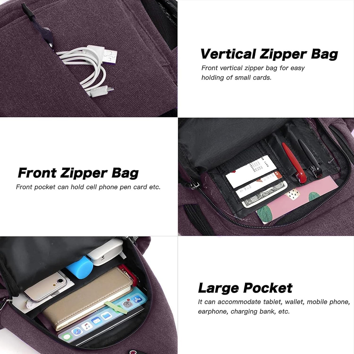 Sling Backpack,Canvas Crossbody Hiking Daypack Bag with Anti-theft Pocket, Space Gray