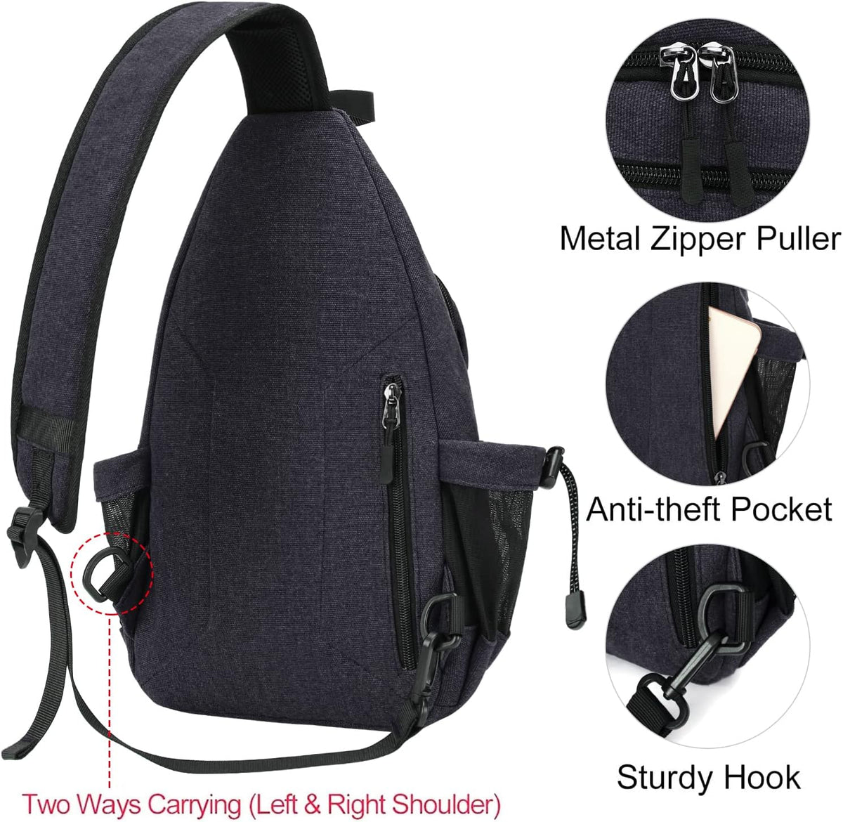 Sling Backpack,Canvas Crossbody Hiking Daypack Bag with Anti-theft Pocket, Space Gray