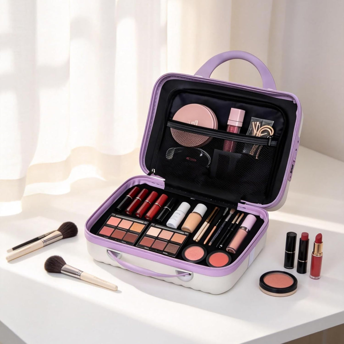 14 Inch Makeup Train Case with Lock Hard Shell Cosmetic Travel Case w Elastic Strap, ABS Portable Toiletry Bag for Toiletries Make up Storage Case Gift for Women Adult