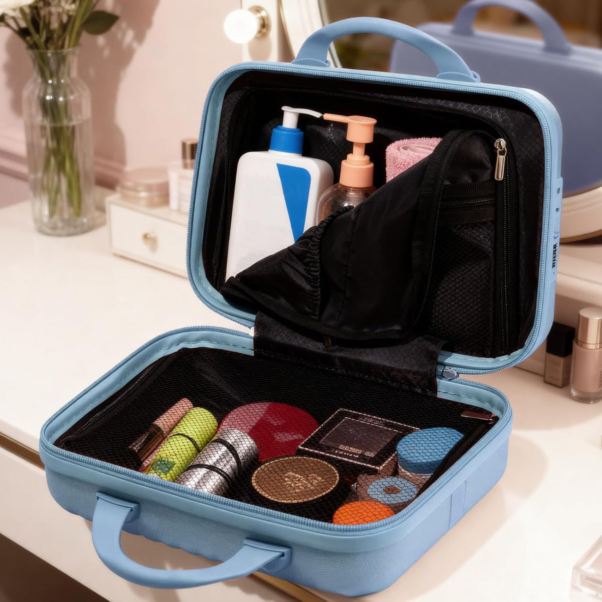 14 Inch Makeup Train Case with Lock Hard Shell Cosmetic Travel Case w Elastic Strap, ABS Portable Toiletry Bag for Toiletries Make up Storage Case Gift for Women Adult