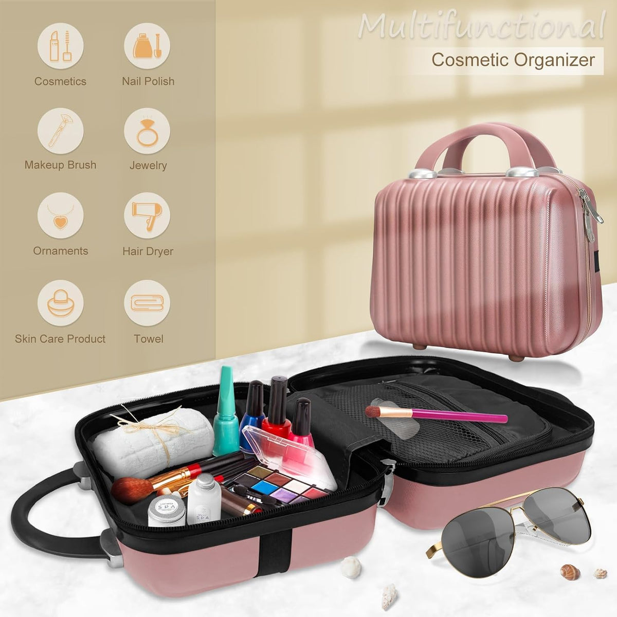 14 Inch Makeup Train Case with Lock Hard Shell Cosmetic Travel Case w Elastic Strap, ABS Portable Toiletry Bag for Toiletries Make up Storage Case Gift for Women Adult