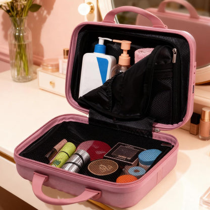 14 Inch Makeup Train Case with Lock Hard Shell Cosmetic Travel Case w Elastic Strap, ABS Portable Toiletry Bag for Toiletries Make up Storage Case Gift for Women Adult