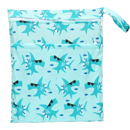 Wet Dry Bag Baby Cloth Diaper Nappy Insert Bag With Two Zippered Pockets Boys (Sharks)
