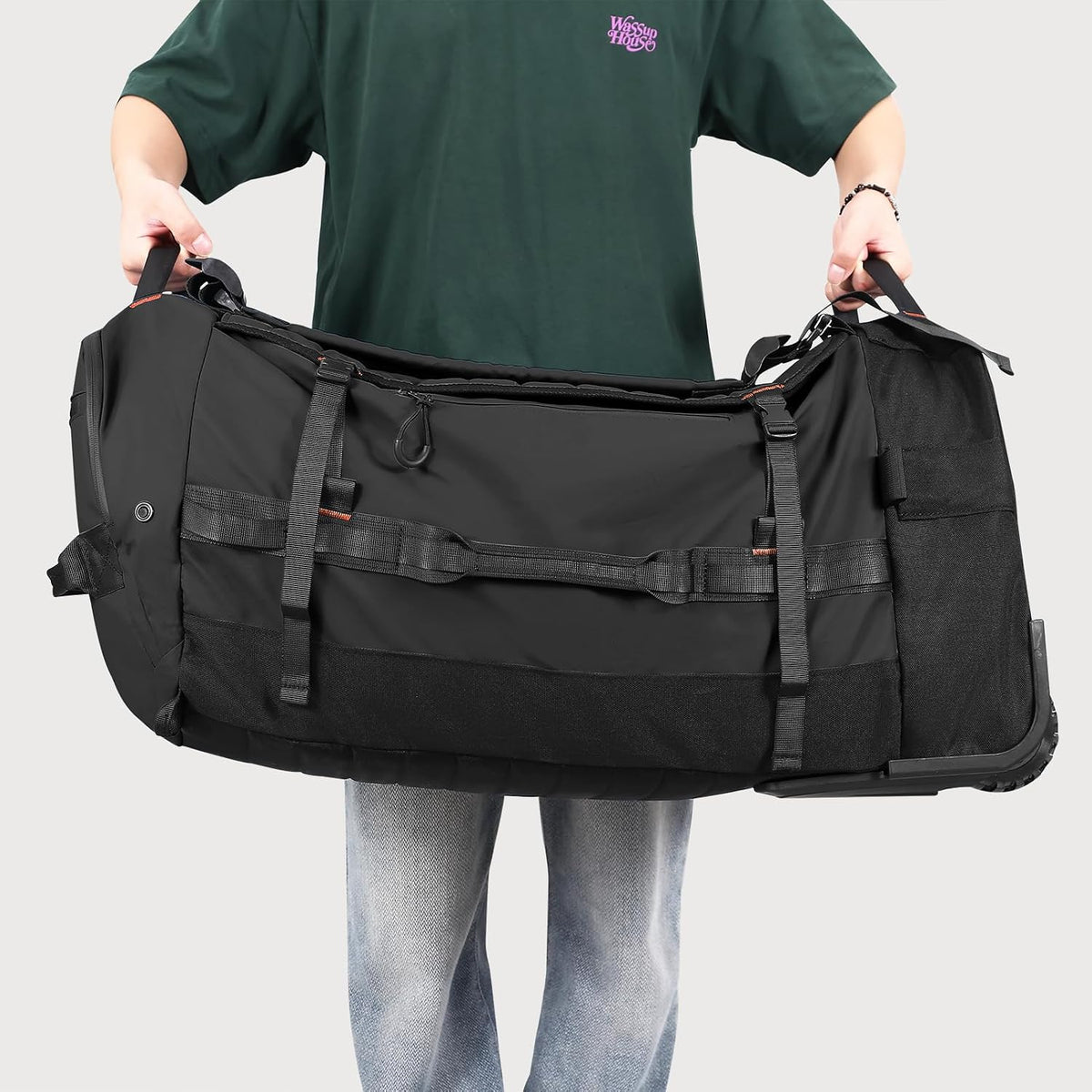 29" 86L Foldable Wheeled Duffle Bag, Waterproof Travel Rolling Backpack with Quilted Bottom, Navy