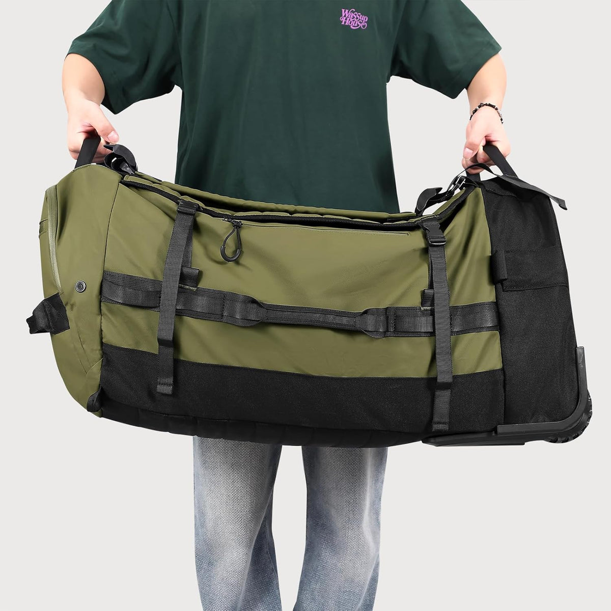 29" 86L Foldable Wheeled Duffle Bag, Waterproof Travel Rolling Backpack with Quilted Bottom, Navy