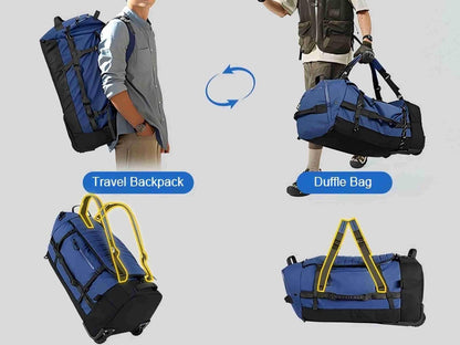 29" 86L Foldable Wheeled Duffle Bag, Waterproof Travel Rolling Backpack with Quilted Bottom, Navy