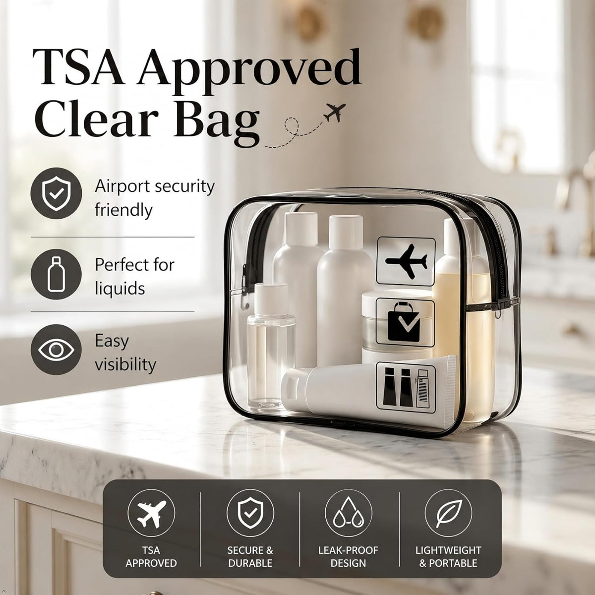 Travel Toiletry Bag Set for Women, 3-Piece Makeup Organizer with TSA Approved Clear Bag & Brush Pouch, Waterproof Cosmetic Bags for Carry On (Pink)