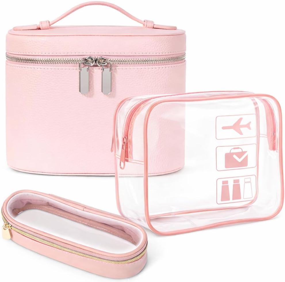 Travel Toiletry Bag Set for Women, 3-Piece Makeup Organizer with TSA Approved Clear Bag & Brush Pouch, Waterproof Cosmetic Bags for Carry On (Pink)