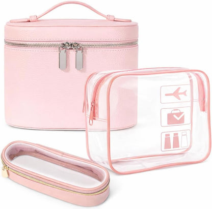 Travel Toiletry Bag Set for Women, 3-Piece Makeup Organizer with TSA Approved Clear Bag & Brush Pouch, Waterproof Cosmetic Bags for Carry On (Pink)